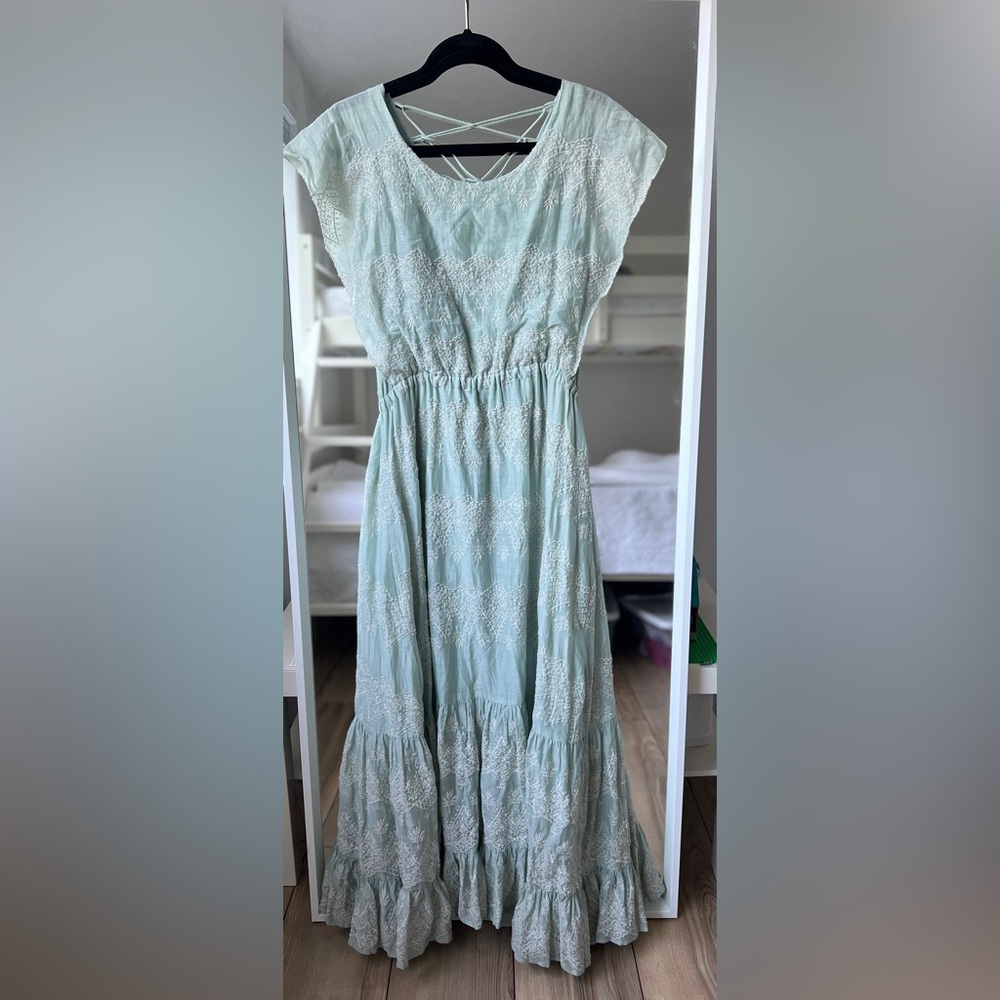 Anthropologie X Love Sam Amia Embroidered Lace-Up Maxi Dress